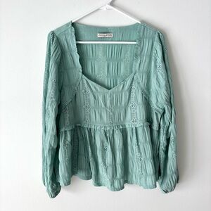 Frye & Co. Green Teal Eyelet Peplum Blouse Lace Floral Western Boho Flowy